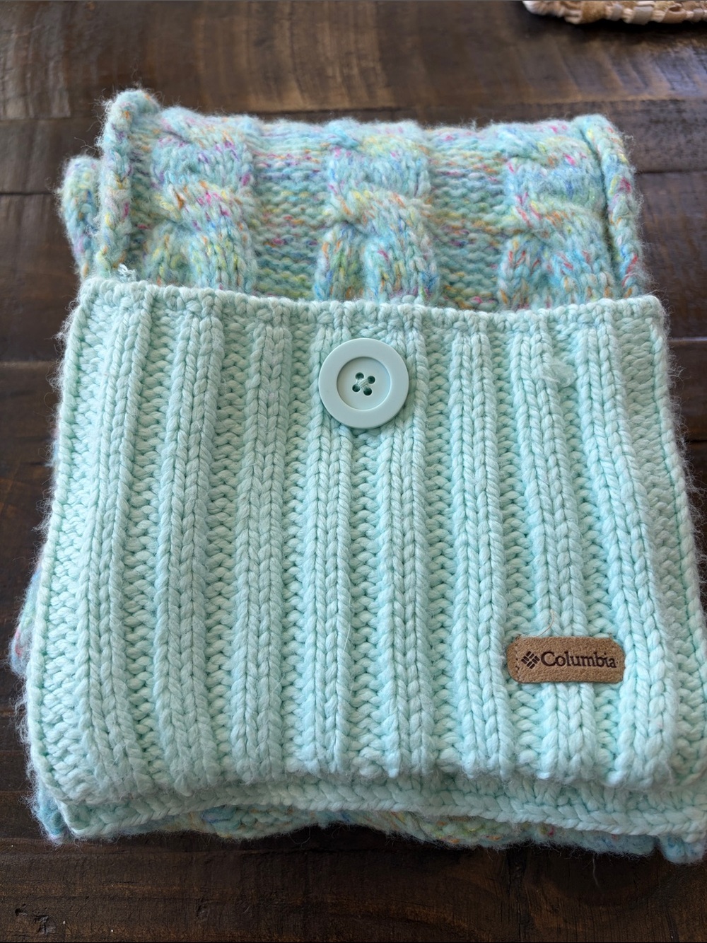 Columbia Pastel Mint Multi Cable Knit Winter Scarf Button Pocket Wool Blend Cozy